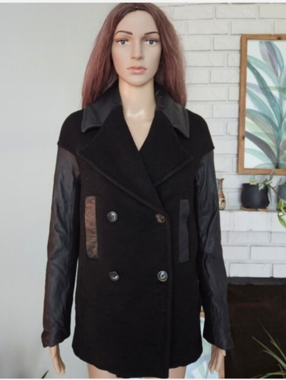 Danier Black Double Breasted Wool Blend Peacoat with Leather Sleeves